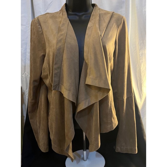 Katherine Barclay Sweaters - Chic long sleeve drape open front cascade faux tan suede cardigan sweater sz L